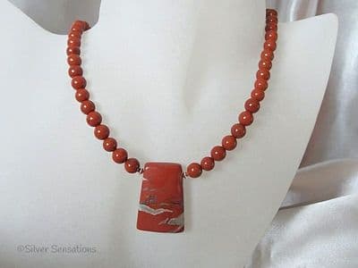 Red River Jasper Oblong Pendant Necklace With Red Jasper & Sterling Silver