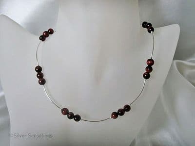 Red Tiger's Eye & Sterling Silver Curved Tubes Necklace