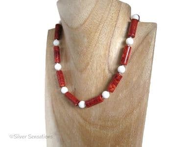 Red Tube Beads & Snow White Agate Sterling Silver Chunky Necklace