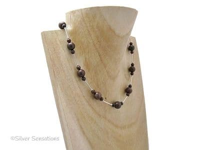 Reddish Brown Jasper Beads & Sterling Silver Tubes Unique Necklace