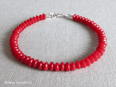 Rich Red Coral Rondelle Beads Sterling Silver Slim Bracelet