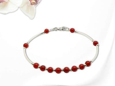 Rich Red Jade & Sterling Silver Curve Tubes Bracelet