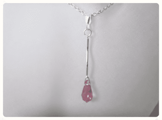 Handmade Rose Pink Swarovski Teardrop & Sterling Silver Curved Bar Pendant – 43mm | Silver Sensations