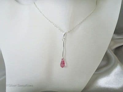 Rose Pink Austrian Made Crystal & Sterling Silver Curved Bar Pendant Necklace