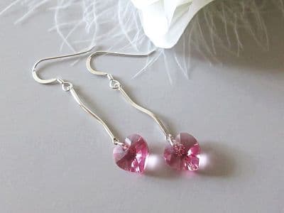 Rose Pink Crystal Heart Earrings With Solid Sterling Silver Bars