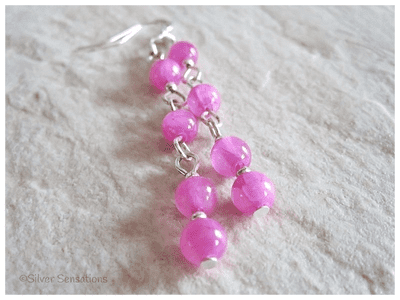 Rose Pink Jade & Silver Plated Long Drop Fashion Earrings