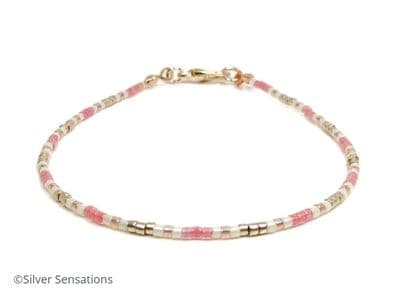Rose Pink & White Skinny Seed Bead Bracelet
