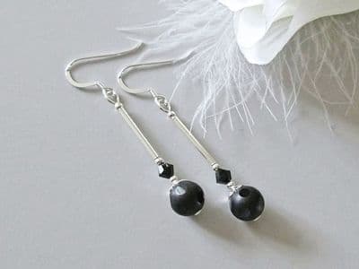 Round Faceted Black Onyx, Crystals  & Sterling Silver Long Earrings