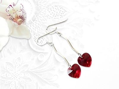 Ruby Red Crystal Heart Earrings With Solid Sterling Silver Bars