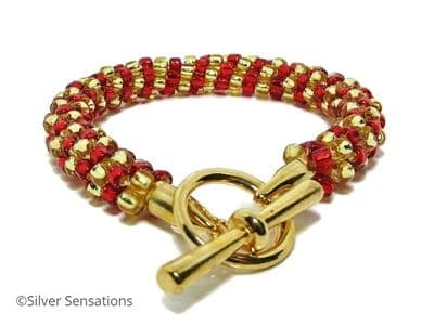 Ruby Red & Gold Stripe Kumihimo Seed Bead Fashion Bracelet