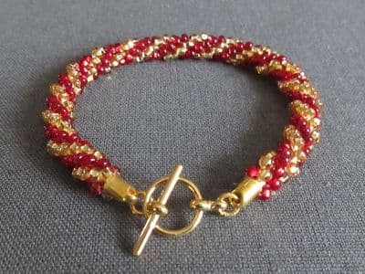 Ruby Red & Gold Stripey Beaded & Woven Kumihimo Seed Bead Bracelet