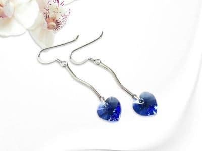 Sapphire Blue Crystal Heart Earrings With Solid Sterling Silver