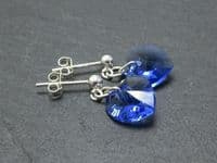 Sapphire Blue Austrian Made Heart Crystals & Sterling Silver Elegant Dangly Stud Earrings | Silver Sensations