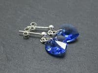 Sapphire Blue Austrian Made Heart Crystals & Sterling Silver Elegant Dangly Stud Earrings | Silver Sensations