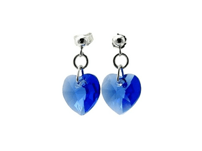 Sapphire Blue Heart Crystals & Sterling Silver Elegant Dangly Stud Earrings