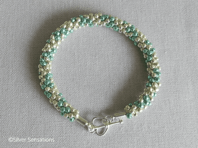 Shiny Sea Green & Light Gold Kumihimo Seed Bead Bracelet