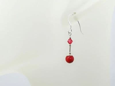 Short Red Coral Earrings With Sterling Silver Tubes & Swarovski Crystals