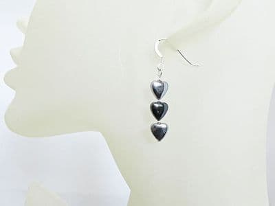 Silver & Black Hematite Puffy Heart Earrings