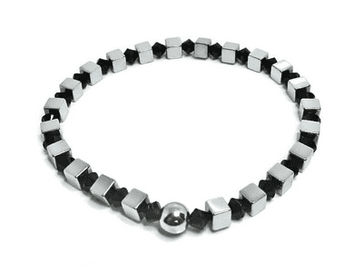 Silver Hematite Cube Beads Unisex Bracelet With Black Crystals