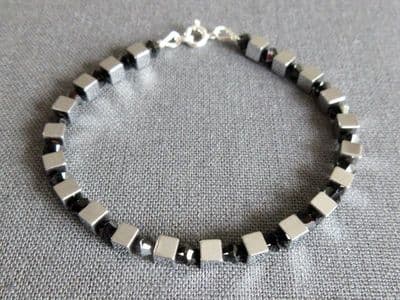 Silver Hematite Cube Beads Unisex Sterling Silver Bracelet With Black Crystals