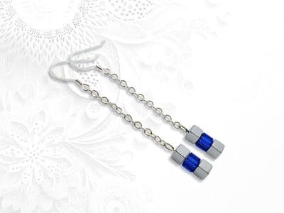 Silver Hematite, Sapphire Blue Premium  Crystals & Sterling Silver Chain Drop Earrings
