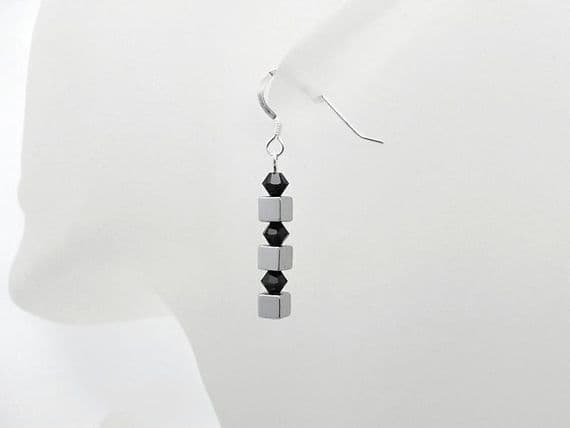 Silver Plated Hematite Cube Beads, Crystals & Sterling Silver Earrings | Silver Sensations