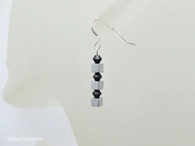 Silver Plated Hematite Cube Beads, Crystals & Sterling Silver Earrings