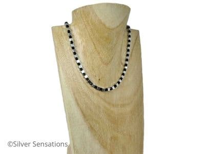 Silver Plated Hematite Cube Beads Necklace With Black Swarovski Crystals