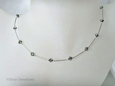 Silvery Grey Black Sparkly Swarovski Crystals & Sterling Silver Tubes Necklace