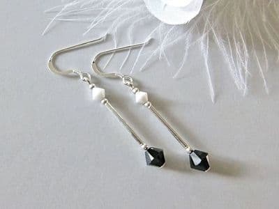 Slim Black & White Crystal Earrings With Sterling Silver Tubes