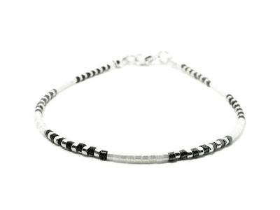 Slim Black, White & Silver Seed Bead Friendship Anklet