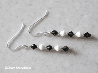 Slim Black & White Sterling Silver Earrings With Swarovski Crystals | Silver Sensations