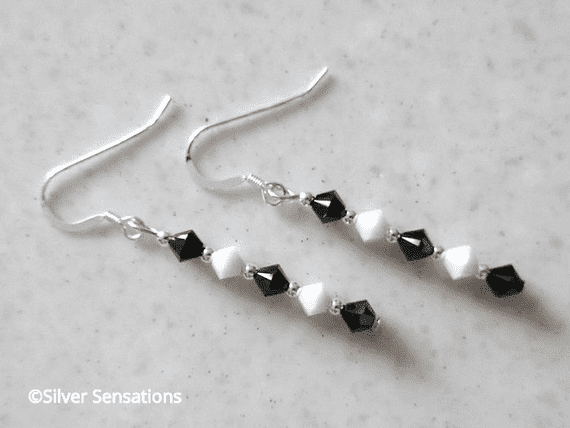 Slim Black & White Sterling Silver Earrings With Swarovski Crystals | Silver Sensations