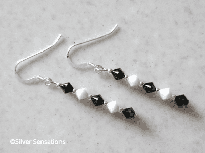 Slim Black & White Sterling Silver Earrings With Swarovski Crystals