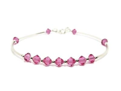 Slim Sterling Silver Bangle Bracelet With Rose Pink Premium Crystals