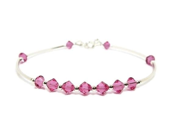 Slim  Sterling Silver Bangle Bracelet With Rose Pink Austrian Crystals | Silver Sensations