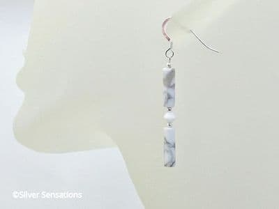 Slim White & Pastel Grey Howlite Earrings With Sterling Silver & Swarovski Crystals