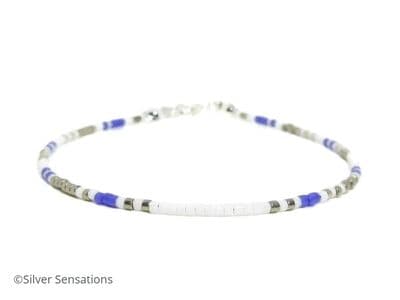 Slim White, Purple & Silver Seed Bead Layering Bracelet
