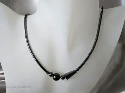 Slinky Hematite Sterling Silver Necklace With Cones & Rounds
