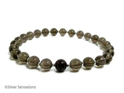 Smokey Quartz, Red Garnet & Sterling Silver Unisex Bracelet