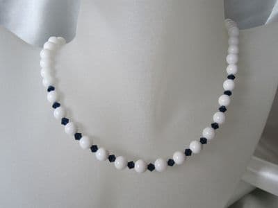 Snow White Agate & Dark Blue Austrian Made Crystals Sterling Silver Necklace