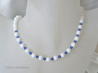 Snow White Agate & Mid Blue Austrian Made Crystals Sterling Silver Necklace