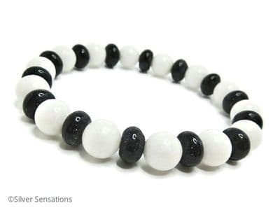 Snow White Agate & Midnight Navy Blue Goldstone Beaded Bracelet