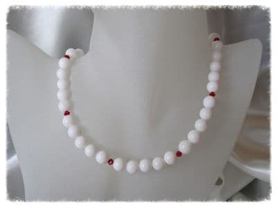 Snow White Agate & Opaque Red Swarovski Crystals Sterling Silver Necklace