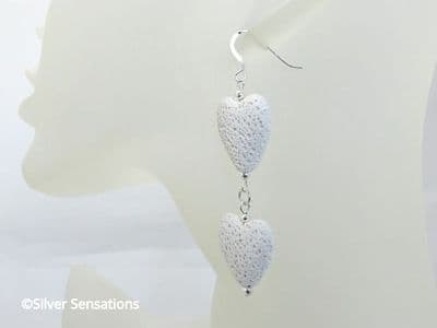 Snow White Volcano Lava Stone Double Hearts & Sterling Silver Long Drop Designer Earrings