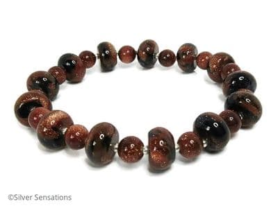 Sparkly Blue & Brown Sandstone Wheels & Sterling Silver Beaded Bracelet