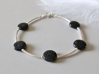 Sparkly Blue Goldstone Coins Designer Bracelet With Sterling Silver Curve Tubes