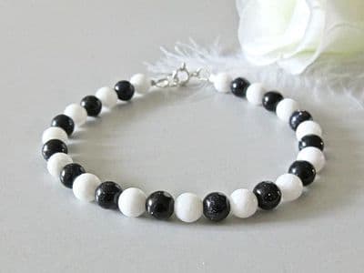 Sparkly Blue Goldstone & White Agate Bracelet With Sterling Silver