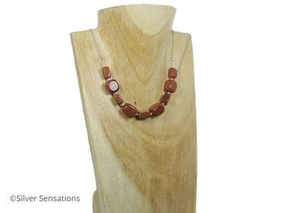 Sparkly Brown Sandstone / Goldstone & Sterling Silver Chain Necklace