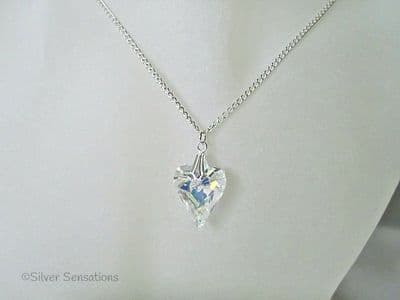 Sparkly Faceted AB Rainbow Crystal Wild Heart & Sterling Silver Pendant Necklace